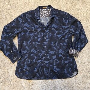Ted Baker Navy Floral Button-Up Shirt XXL Slim Fit Cotton Stretch